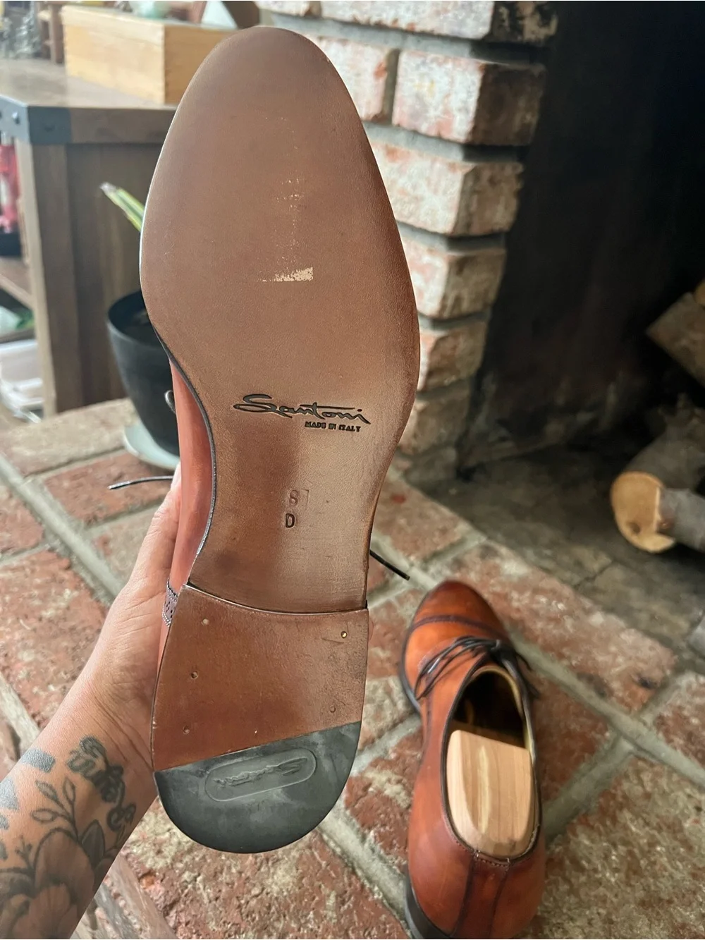 Santoni Cognac Leather Cap-Toe Derby Oxfords with Broguing